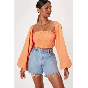 Nasty Gal Top 0 NWT Shirred Long Sleeve Crop Top Tangerine
